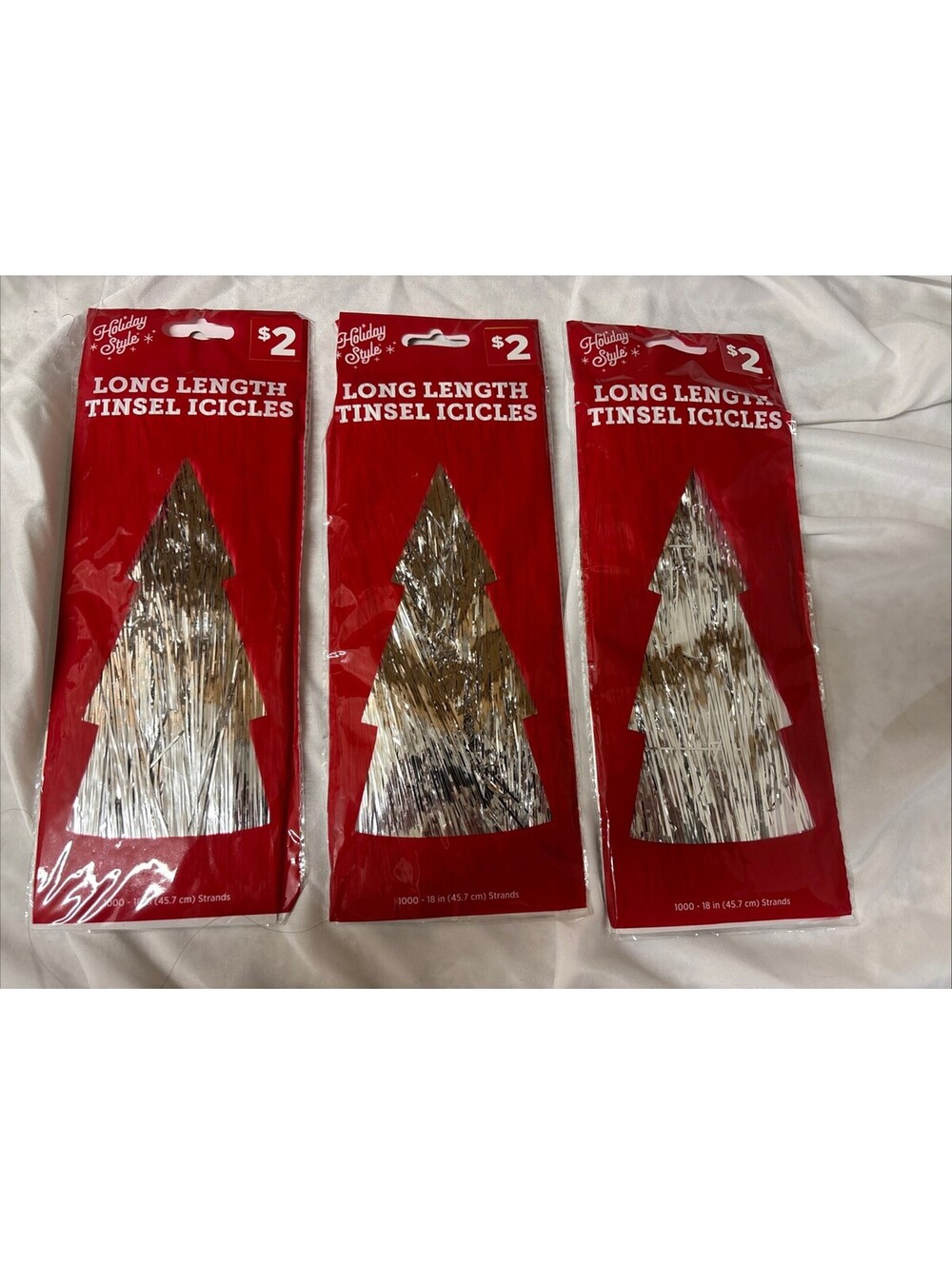 3 packs  18” Length Silver Tinsel,  icicles, 1000 ct per Pack, Xmas Tree Decor
